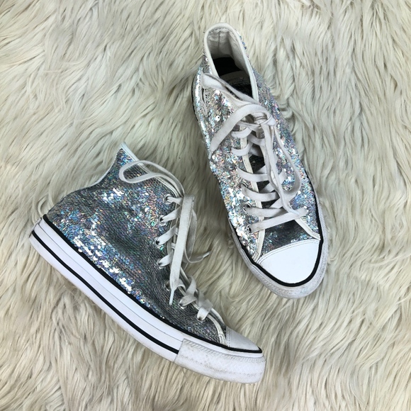 Converse Shoes - Converse Silver Holo Sequin High Top Sneakers